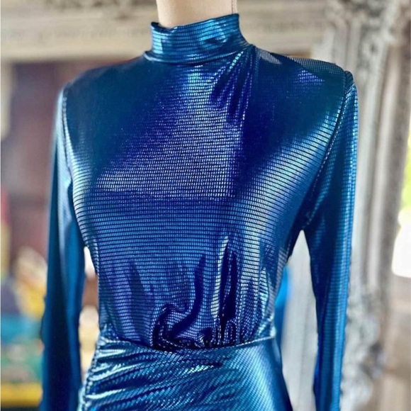 Blue Metallic 80’s Long Sleeve floor length dress (M/L) - Picture 2 of 4